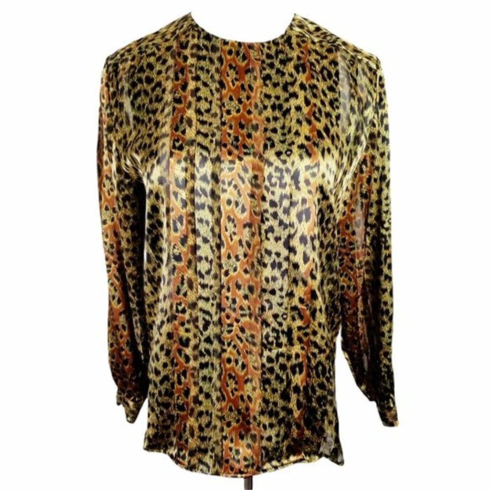 Figi Cheetah‎ Print Silky Blouse Women's 6 Pullover Animal Print Long Sleeve